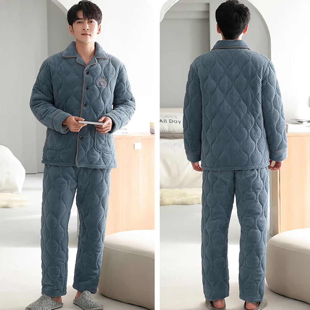 3-layer Super Thick Warm Men Winter Flannel Pajama Luxury Solid Embroidery Sleepwear Pajamas Set Comfortable Casual pyjama homme