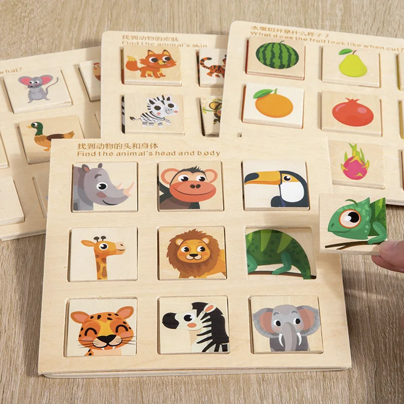 

Wooden Logical Thinking Matching Puzzle Cognitive Board Montessori Teaching Aids Fruit Animal Pairing Board Educational Toys