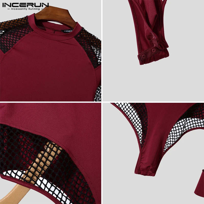 Men's Handsome Casual Long Sleeve Bodysuits Well Fitting Mesh Splicing Jumpsuits Comfortable Homewear Loungewear