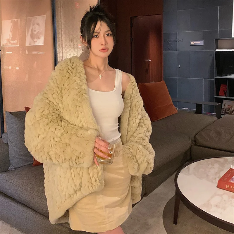 Winter Rex Rabbit Fur Plush Coat Ladies Winter Rex Rabbit Fur Long And Short Thermal Coat New Woven Outdoor Luxury Plush Coat