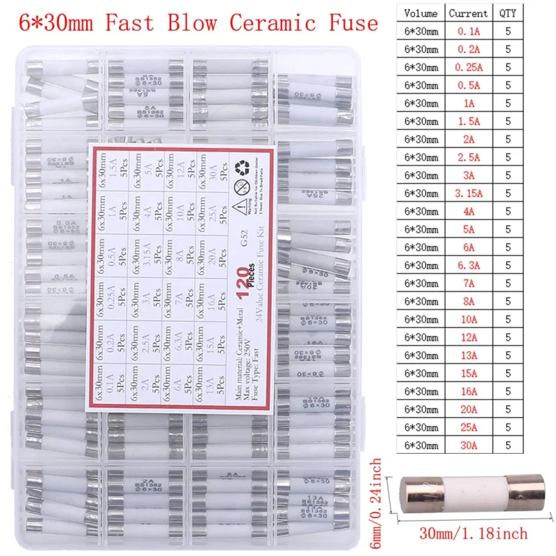 120Pcs 24Value 6x30mm Fast Blow Ceramic Fuse kit set 250V 0.1A 0.2A 0.5A 1A 1.5A 2A 3A 3.15A 4A 5A 6A 7A 8A 10A 15A 16A 20A 30A