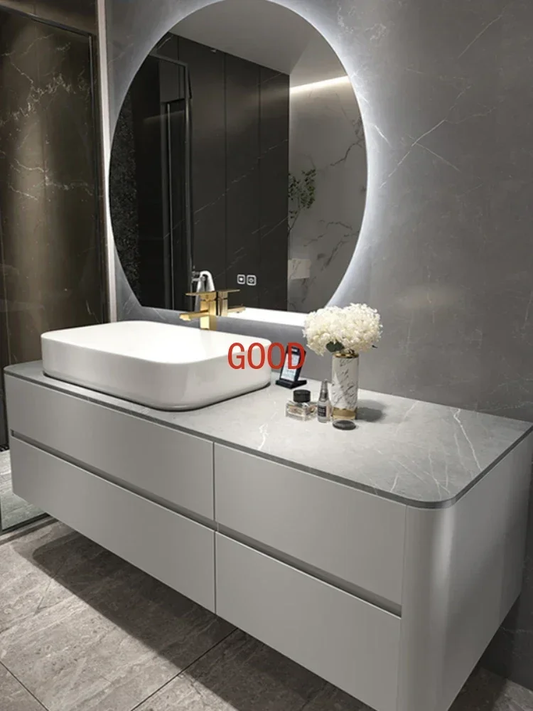 Stone Plate Bathroom Cabinet Solid Wood Wash and Wash Basin Cabinet Combination Washstand Bathroom