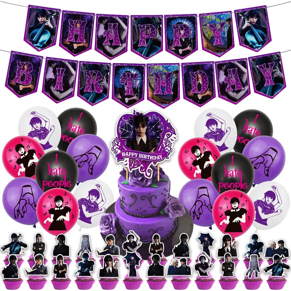 Wednesday Addams Birthday Decorations Party Supplies Cake Topper Party Decorations Happy Birthday Banner Latex Balloon