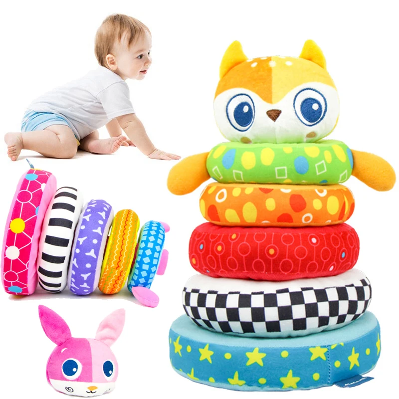 

Baby Stacking Circle Toy Plush Set Cartoon Animal Montessori Early Educational Sensory Toy Children Rainbow Tower Stacking Rings