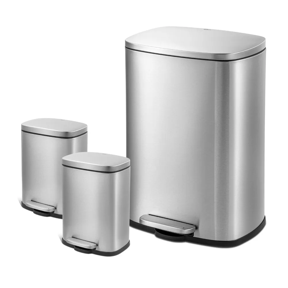 

Rectangular Step Garbage Can 3 Piece Combo, 13.2 gal , Two 1.3 gal, Stainless Steel