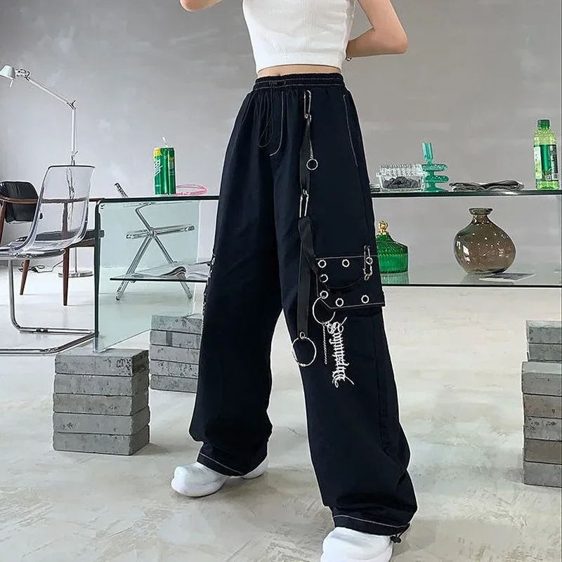 Female Hippie  Harajuku Punk Female Gothic Chain White Loose Wide-leg Pants Street Style Gothic Black Embroidered Overalls deeptown y2k destroyed stitching jeans women s black washed jeans gothic style street trend retro loose wide leg pants fall guys