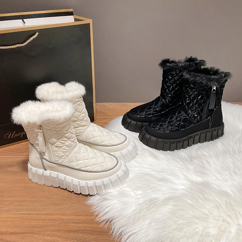 Round Toe Lady Boots  Shoes Winter Footwear Boots-Women Australia Low Lolita 2024 Rubber Autumn Snow Flock Rome Lace-Up Cotton