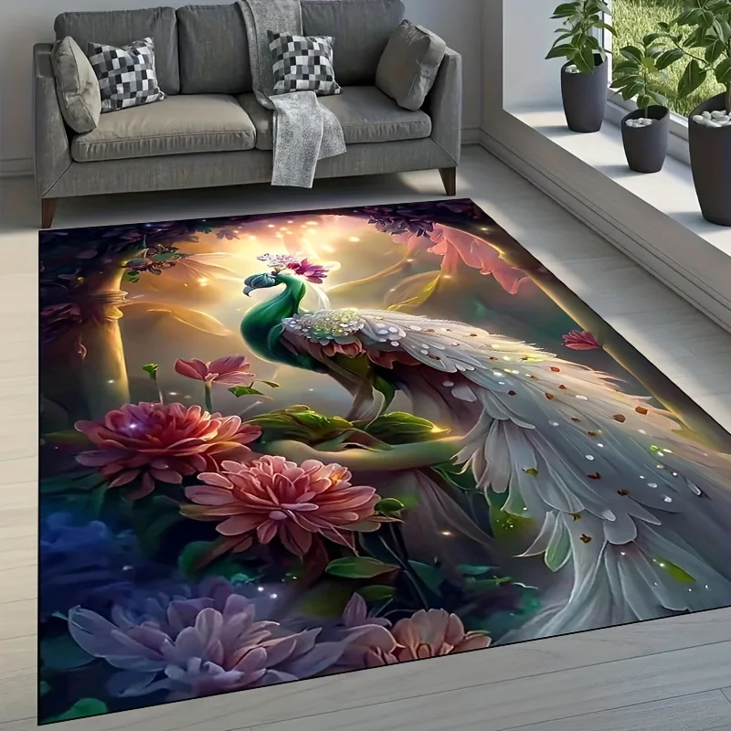 

Красивый красочный ковер с узором павлина, противоскользящий ковер с изображением фантазийных животных для гостиной, спальни, домашний коврик