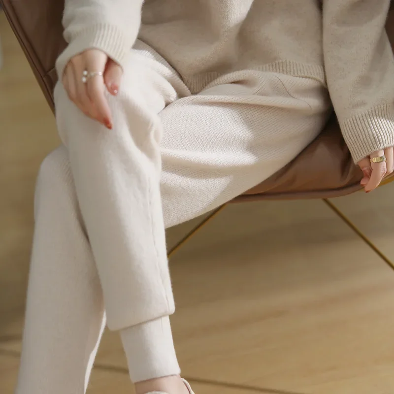 

2023 autumn and winter new style 100% wool knitting women's feet pants long pure color casual cashmere Harlan pants