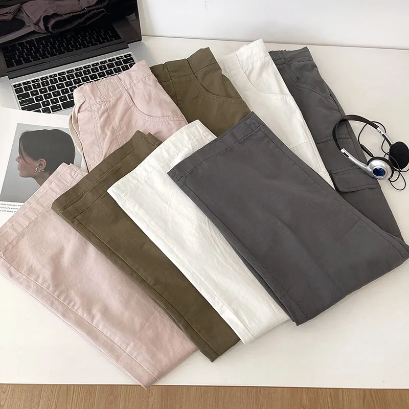 Multi pocket drawstring elastic high waisted washed cotton straight casual pants