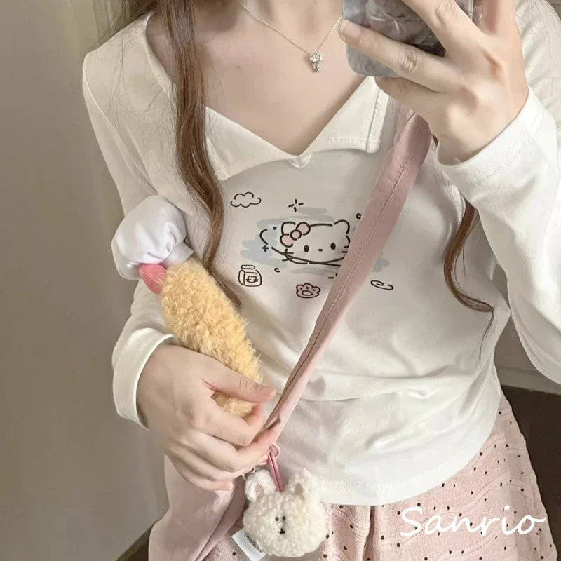 

Sanrio Hello Kitty Cute Printed Striped V-Neck Long Sleeve T-Shirt Explosive Models Slim Thin Inside The Short Paragraph Top