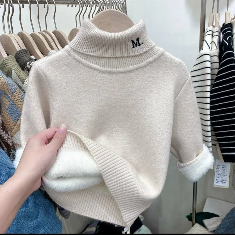 어린이용 하이넥 풀오버 긴팔 스웨터, 따뜻한 리넨 패션, 두꺼운 아동복, 단색 상의, 가을 겨울 패션