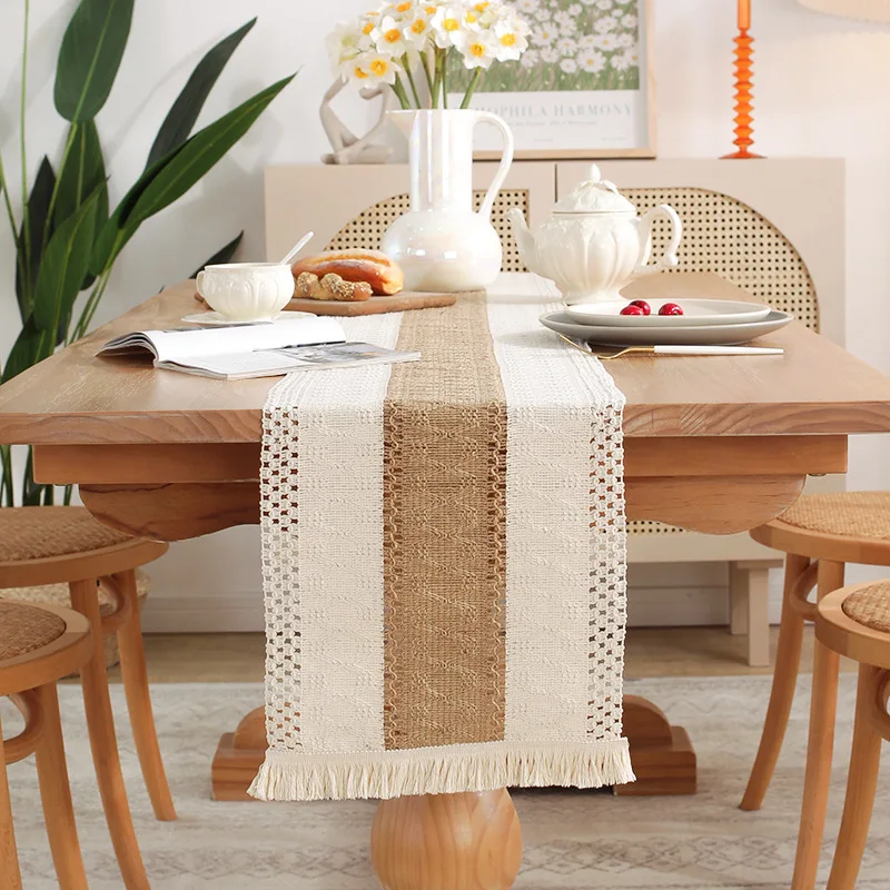 

Boho Beige Table Runner, Vintage Farmhouse Bohemian Crochet Macrame Table Runner for Wedding Party Coffee Dining Table Decor