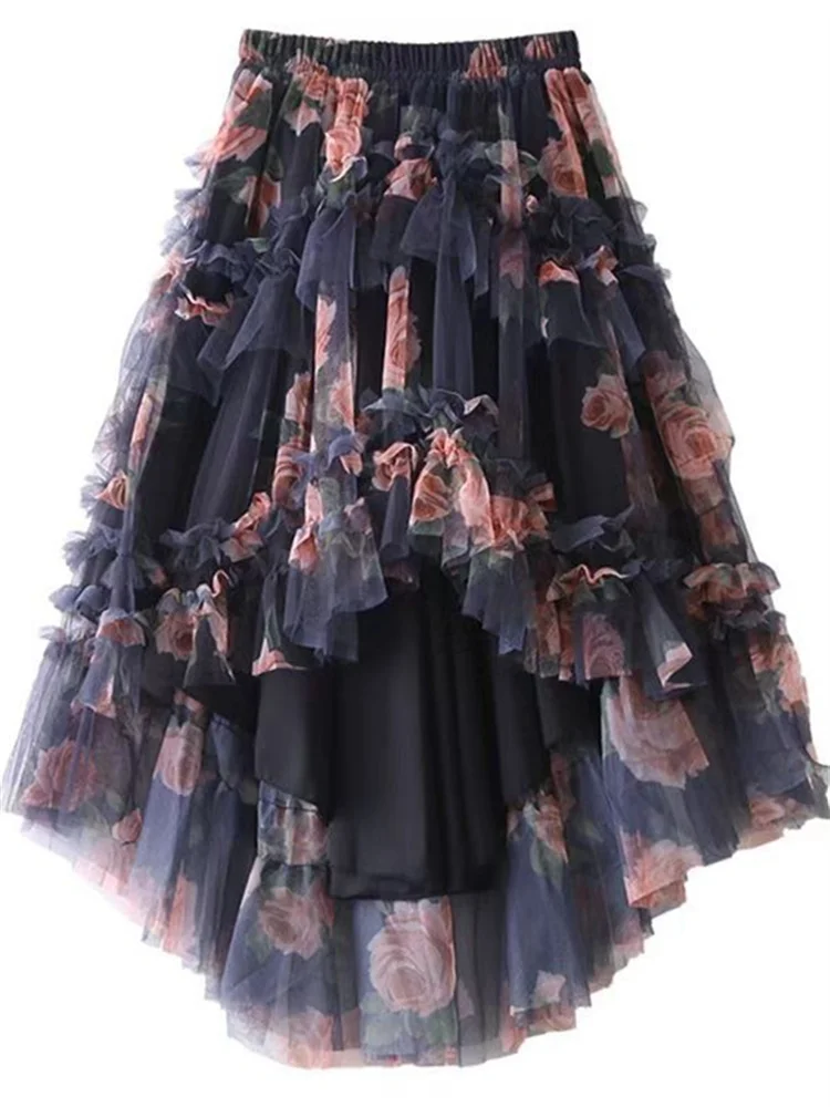 French Style Holiday Ruffle Irregular Midi Long Party Skirt Ball Gown Multi Layer Mesh Fashion Gauze Tutu Elegant Vintage Skirts
