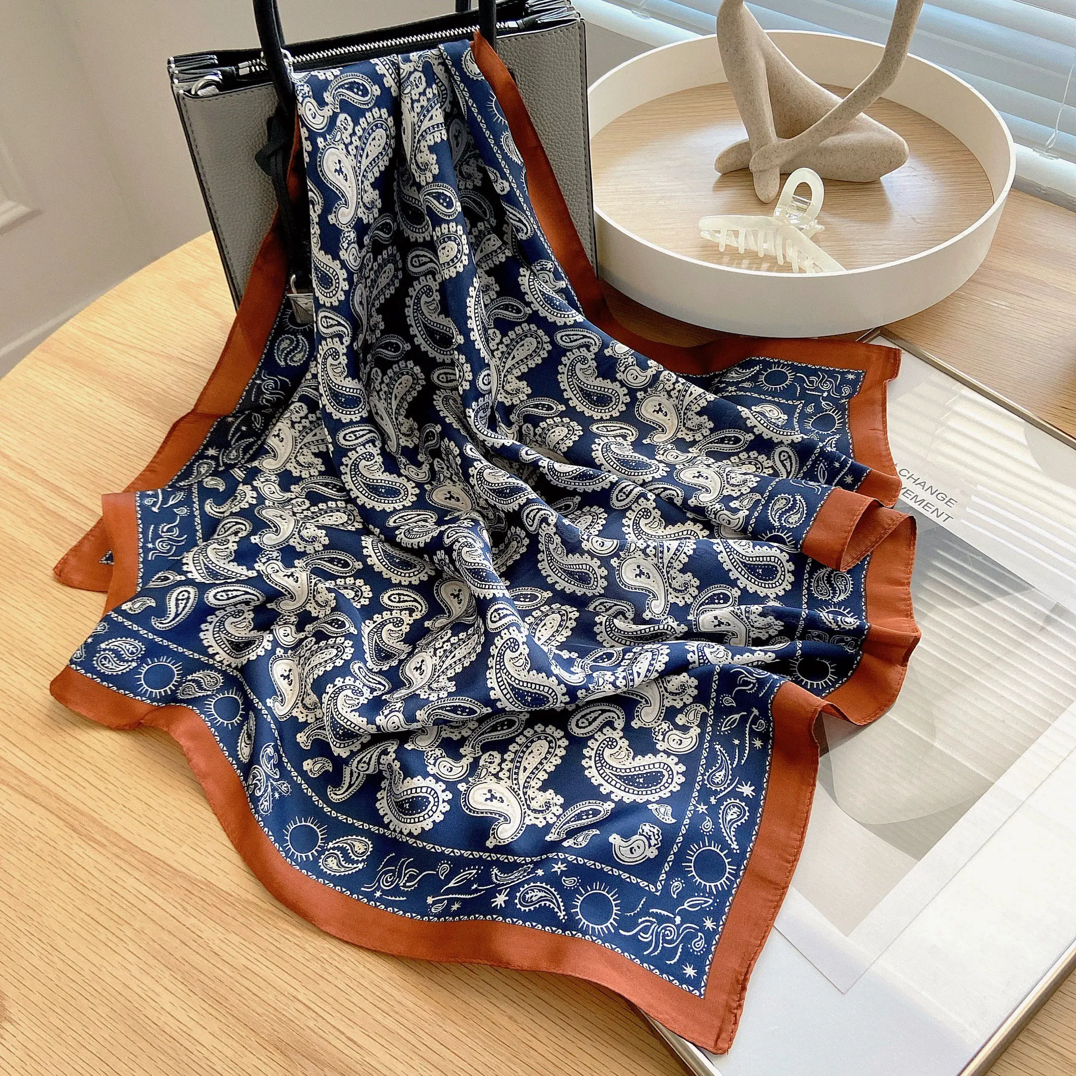 Retro Style Paisley Houndstooth Printed Square Scarf Soft Satin Thin Smooth Neck Scarf Sunscreen Headscarf For Women Head Wrap 2