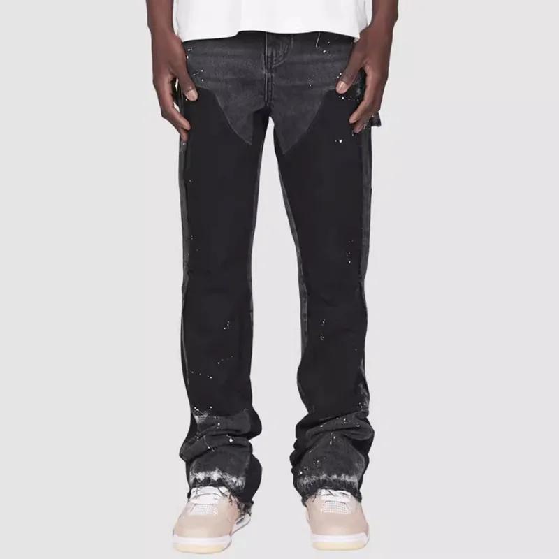 Men's Denim Work Pants, Explosive Workwear, Elastic Patch Denim Layered Flared Pants, Spring New Style 2