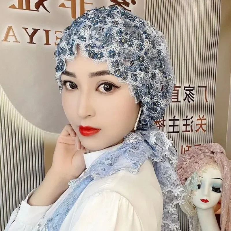 Luxury Hats For Women Lace Embroidery Arab Hijab Muslim Beading Head Scarf Wedding Headwrap Dubai Islamic Headcover Tassel Cap 6