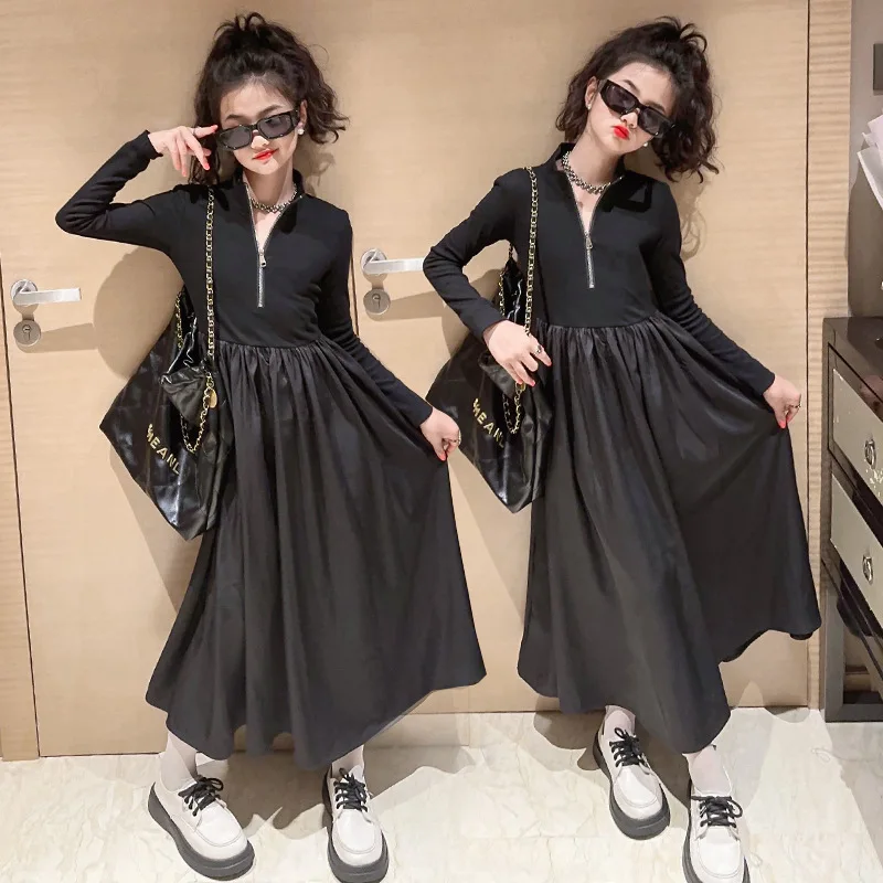 Autunno Nero Kid Girls Long Dress Tea Break Stile Francese Wrapping Slim Princess Dresses Vestido Longo Infantil Menina 12 A14Anos