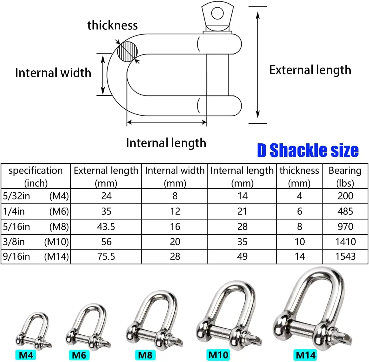 M6 D Type Shackle Short Paragraph Rigging 304 Stainless Steel 1/4 inch Shackle Hooks boat rigging hardware Pack of 10