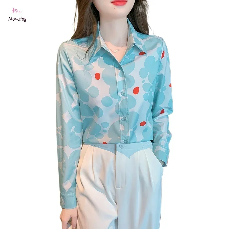 

Satin Long Sleeve Women's Shirt 2024 Summer New Arrival Printed Blouse South Korea Fashion Casual Elegant Lapel Tops