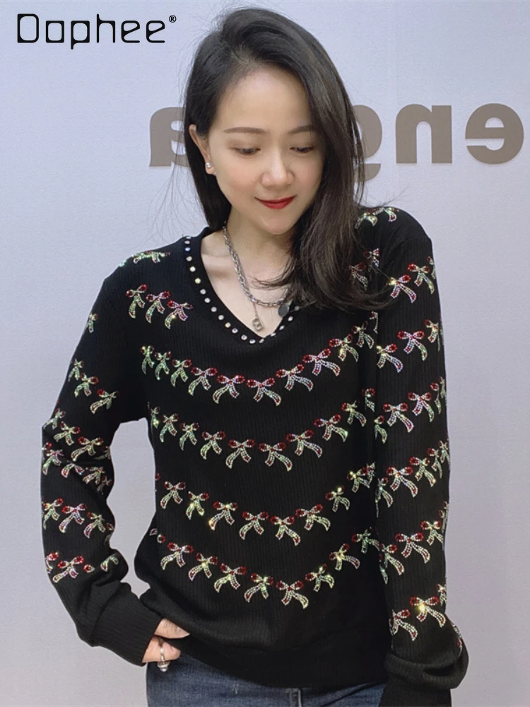

V-neck Bow Rhinestone Long-Sleeved Bottoming Shirt Autumn Winter Black Slim Fit Slimming Long Sleeves Stretch T-shirt Women