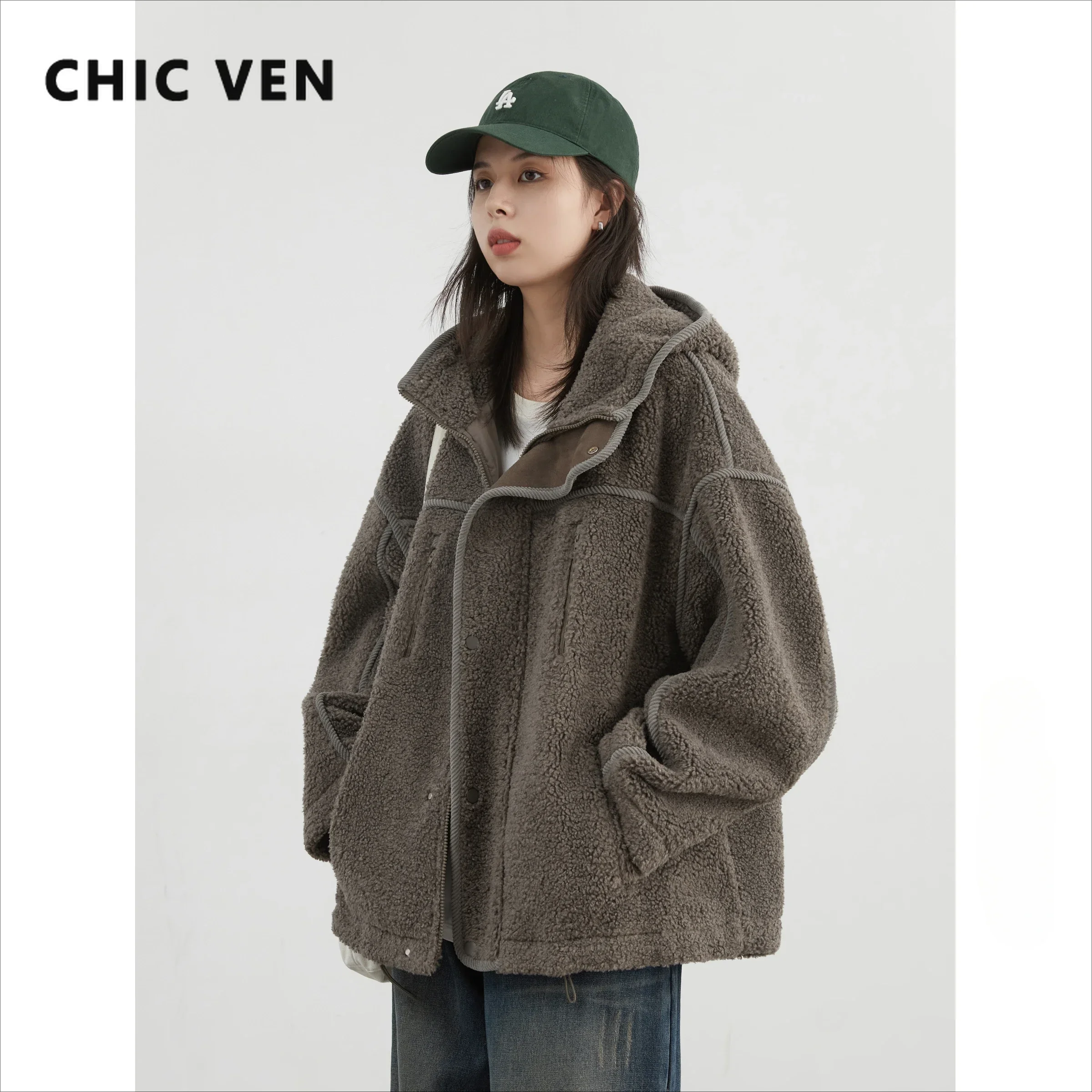 CHIC VEN Women's Jackets Solid Loose New British Hooded Stand Up Collar Ladies Jacket Warm Female Plush Coat Autumn Winter 2024