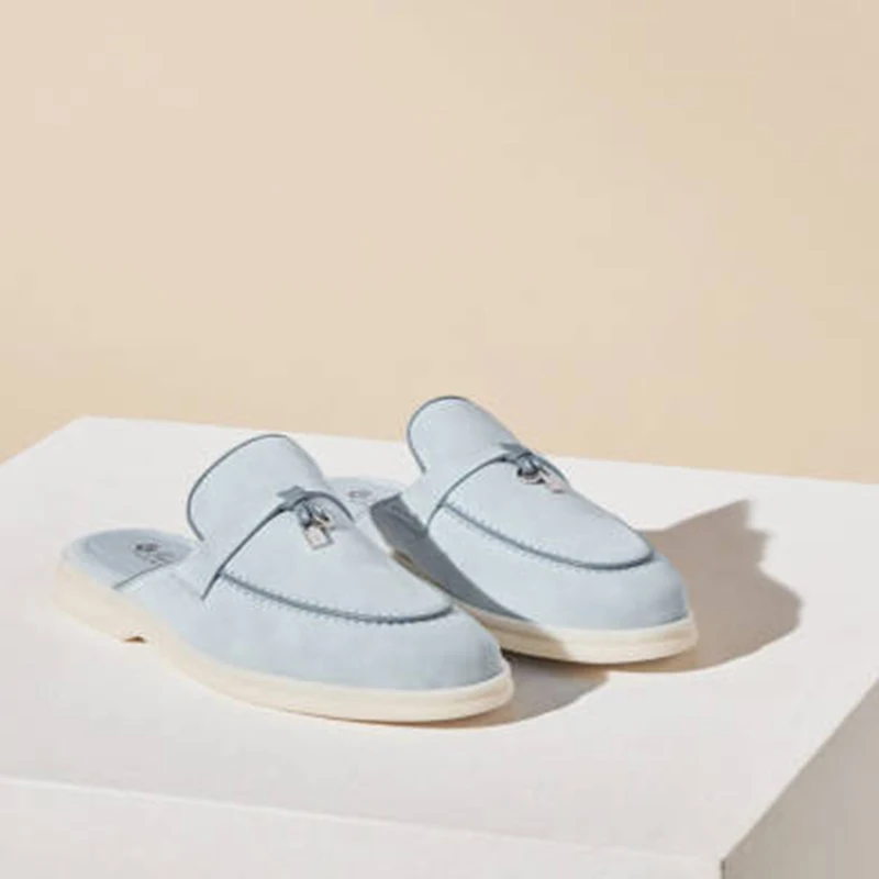 

cashmere suede mules women's tassel flat bottom color-blocking lazy half slippers soft bottom heelless LP toe shoes