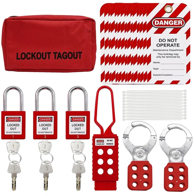 A47Z Lockout Tagout Kit, Nylon Ties, Safety Padlocks With Number,Group Lockout Hasps, Universal Kit With Red Pocket Bag Easy Ins 2