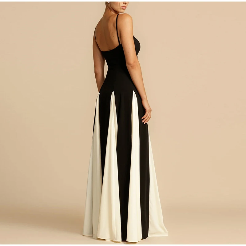 Fashion Patchwork Strap Maxi Dress Women Sexy Sleeveless Backless Female Sling Dresses Summer New Party Lady Robe