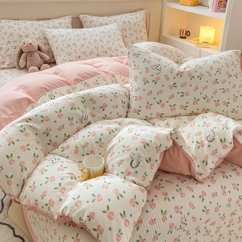 Plant Floral Duvet Cover 3 Piece Set, Cute Cartoon Cat Pattern Bedding Set, Women Kids Girls Bedroom Decorative Pink Quilt Cover 4
