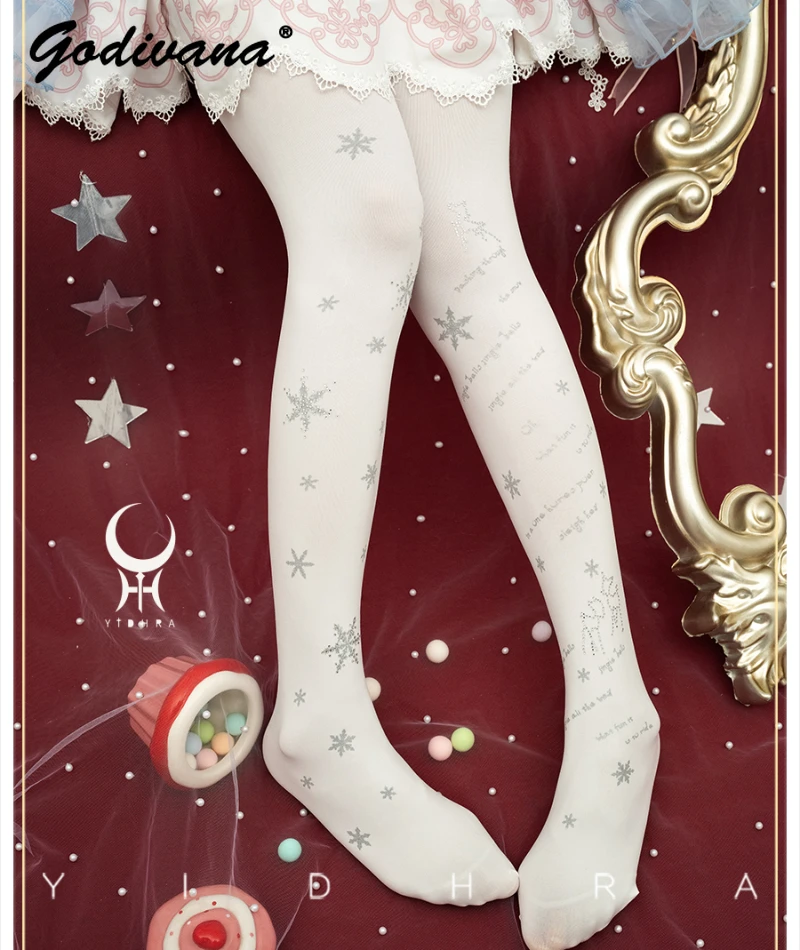 

Lolita Sweet Autumn and Winter Christmas Pantyhose 120d Velvet Female Girls Snowflake Printed Rhinestone Stockings Tights