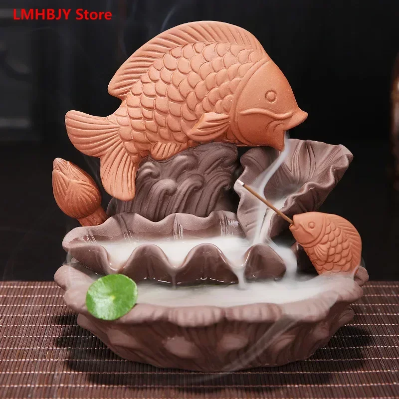 

LMHBJY Creative Purple Sand Backflow Incense Burner Ceramic Crafts Carp Jumping Dragon Gate Multi Functional Incense Decoration