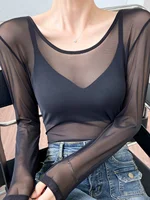 Bla Base irt Women's Spring Autumn Thin Me Lace See-tough Slimming Sle Long Sve round Ne Regular Length Top