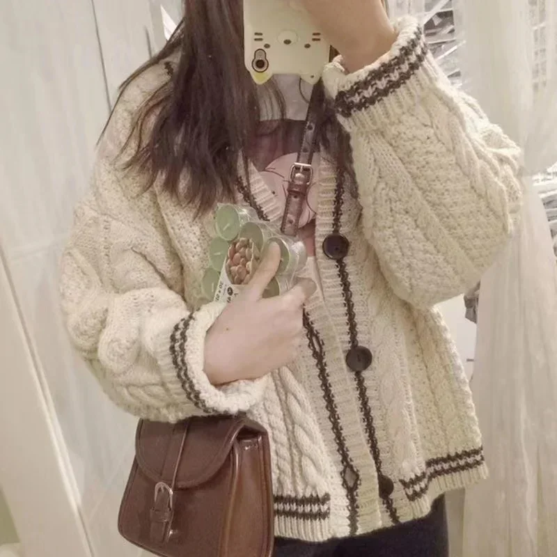 여성용 베이지 스타 귀여운 대학 싱글 브레스트 스웨터, 한국 여성 스웨터, 대비 색상, V넥 니트 가디건, 2022 가을