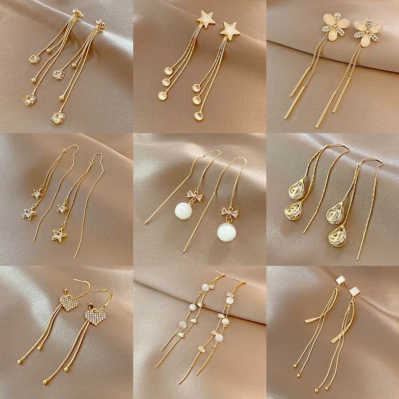 Korean Gold Color Long Tassel Earrings For Women Fashion Crystal Butterfly Heart Star Dangle Earring Lady Elegant Party Jewelry