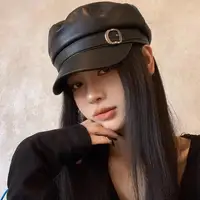 Bérets en cuir Pu noir pour femmes, casquettes de journal à dessus plat, Vintage, protection solaire angleterre, plates Y2k Gils, Style Punk 2