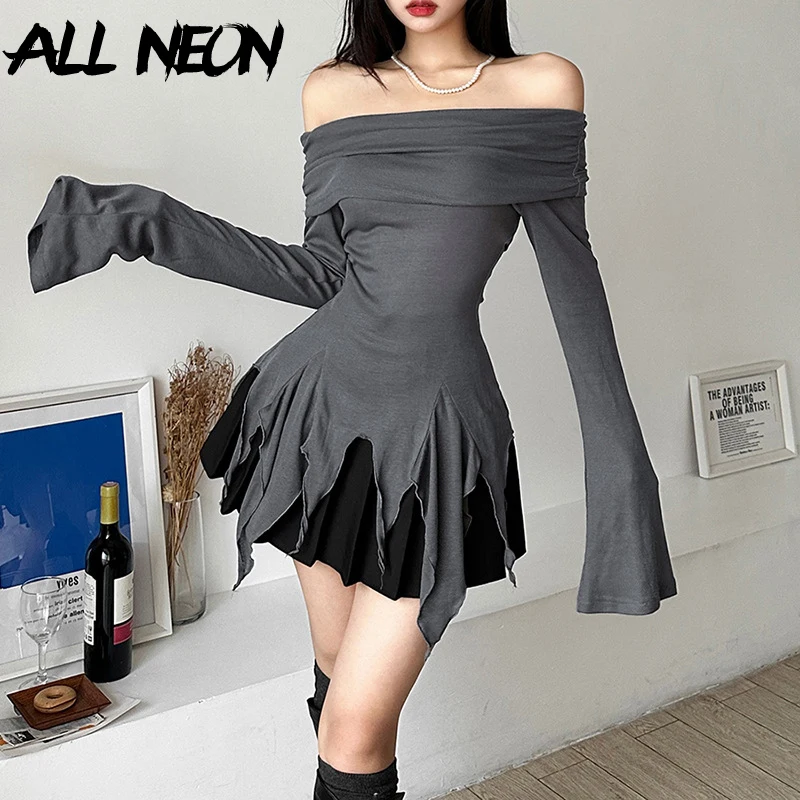 

ALLNeon Fairy Grunge Solid Slash Neck Flare Sleeve T-Shirts Slim Hem Irregular Tassels Pullover Blouse Y2K Women 2023 Autumn Top
