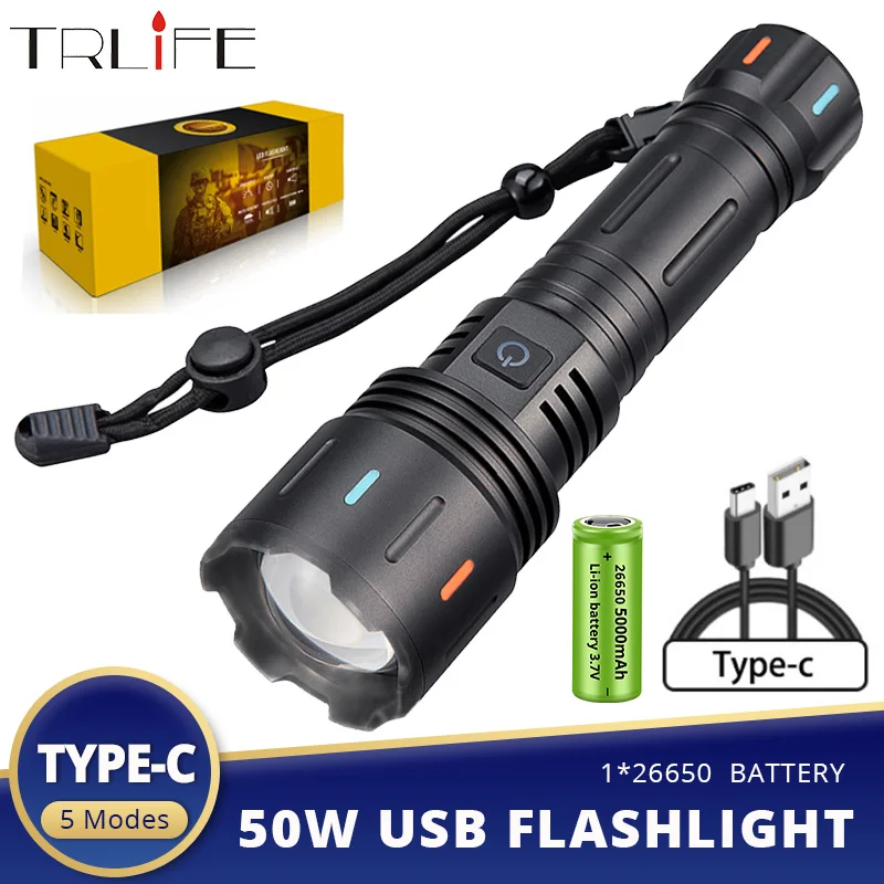 

New White Spotlight LED Flashlight with Fluorescent Long Shot Lighting Outdoor Adventure Aluminum Alloy USB Rechargeable 50watts