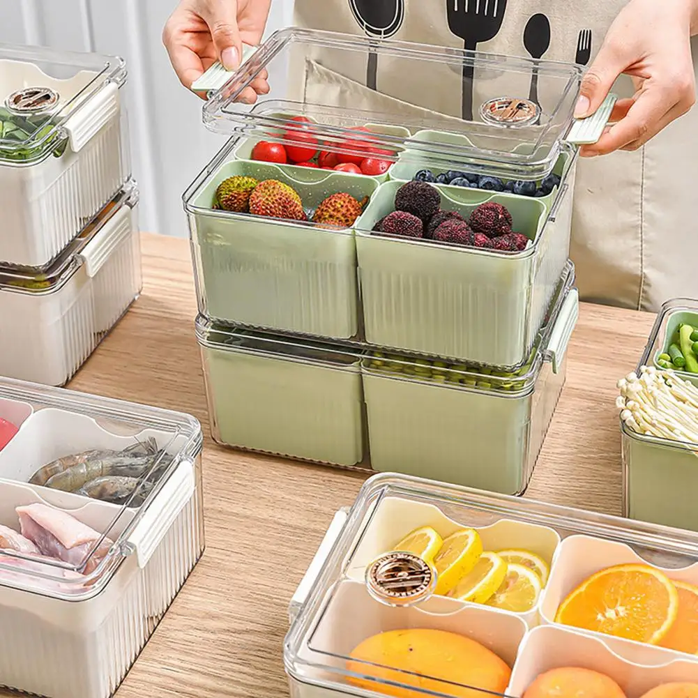 

Контейнер для хранения холодильника с 4 съемными корзинами, прозрачная крышка, прямоугольный органайзер для холодильника, овощей, фруктов, кухонный пищевой контейнер