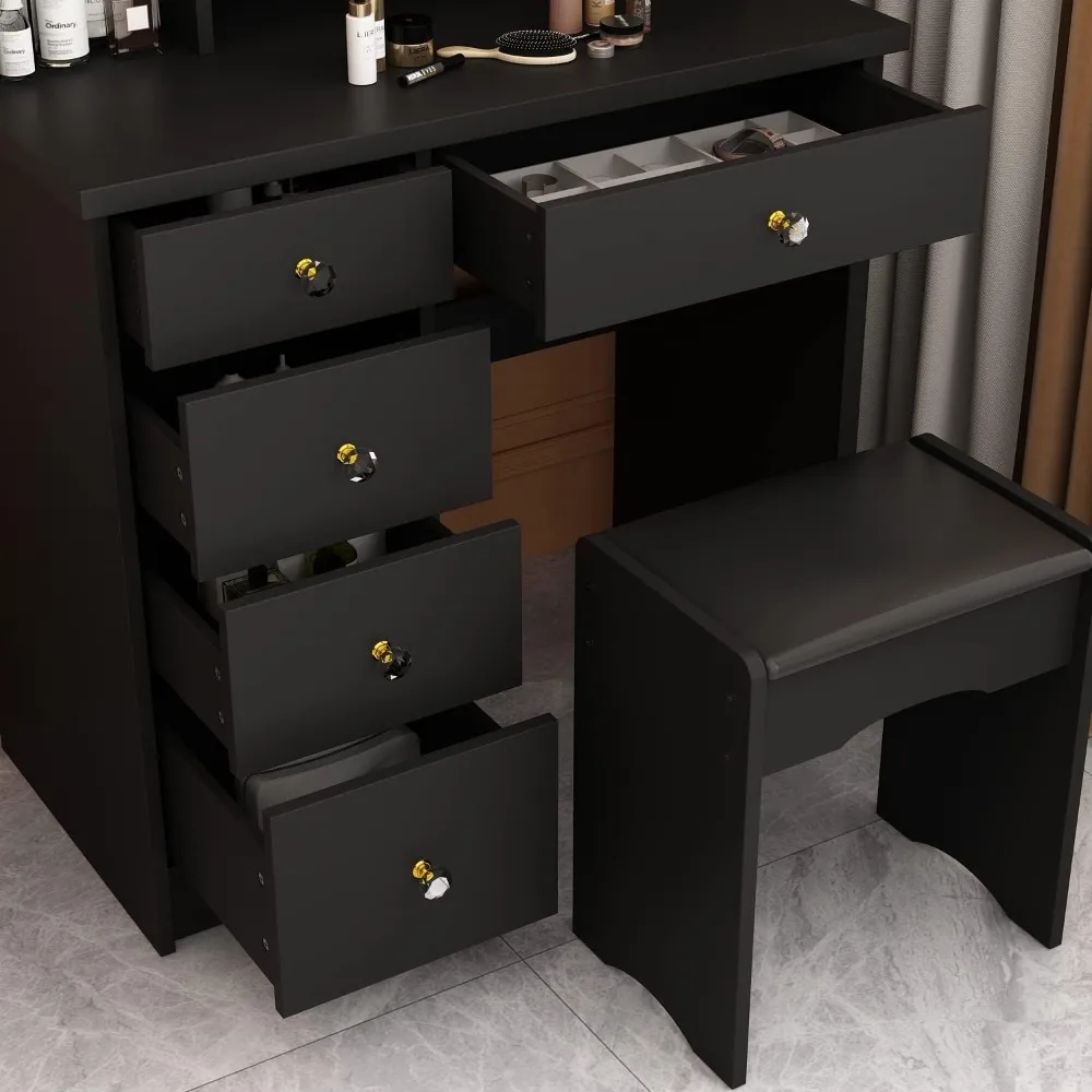 illuminated makeup desk with mirror, storage, and seating