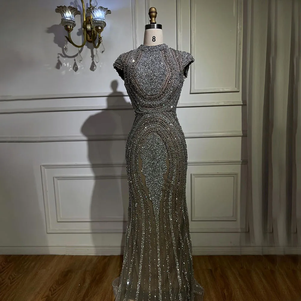 Serene Hill 2025 Arabic Dubai Gray Nude Mermaid Floor Length Beaded Luxury Evening Dresses Gown Customize Wedding Party BLA72344 4