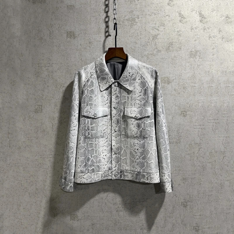 Türkiye Python Sheepskin Wide Angle Collar Denim Jacket Leather Coat