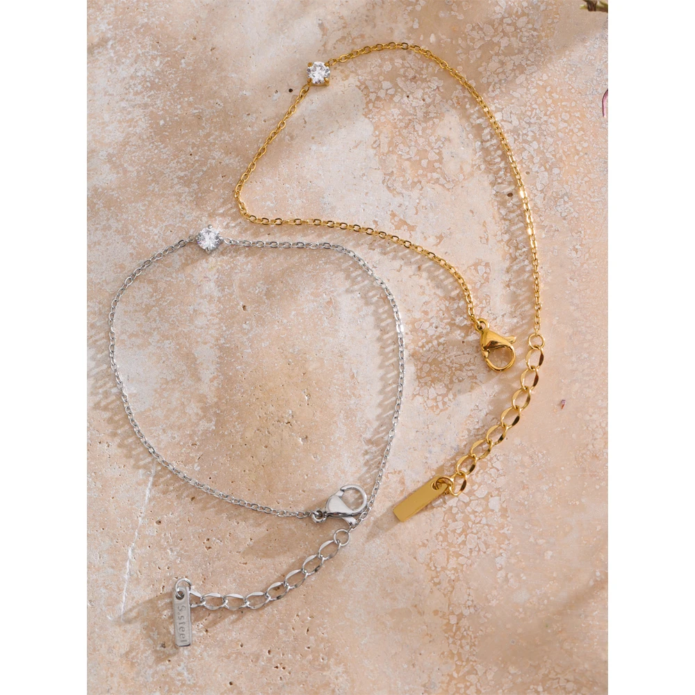 Yhpup Stainless Steel Zircon Thin Chain Shiny Bracelet