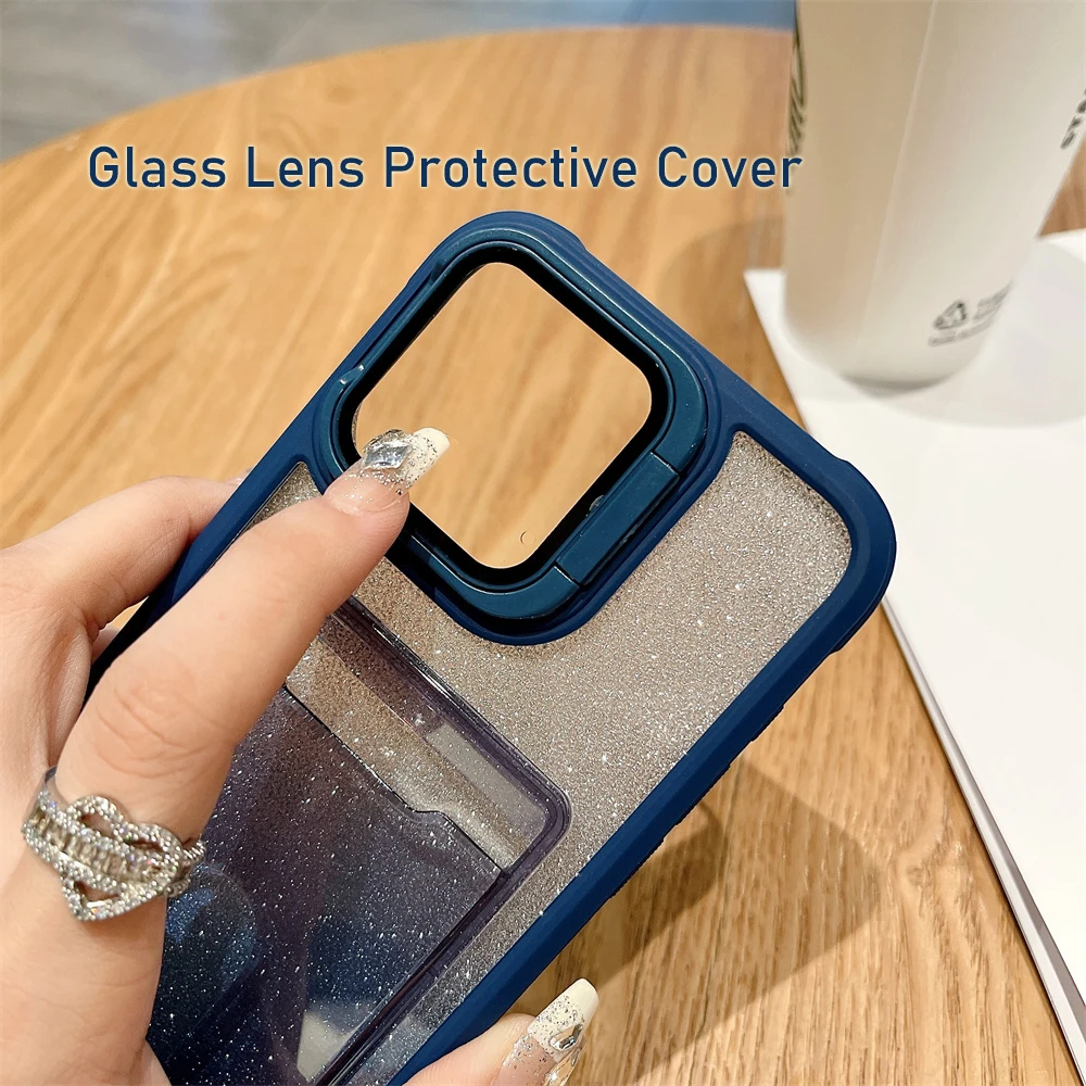 Shiny Card Bag Photo Clip Acrylic Case for iPhone 11 12 13 14 15 16 Pro Max Plus Soft Frame Flip Lens Glass Bracket Clear Cover