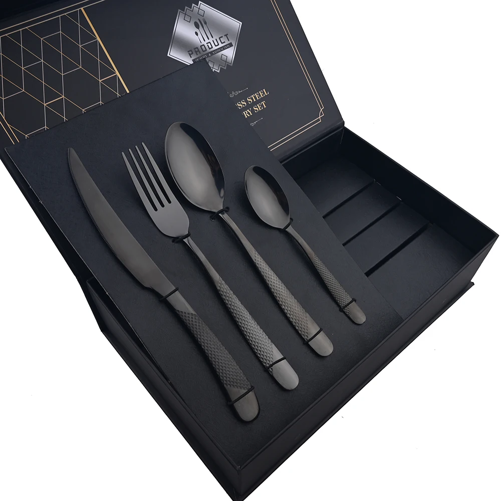 

Zoseil 24pcs/1se Dinnerware Set Western Stainless Steel Black Tableware Knife Fork Tea Spoon Cutlery Set Kitchen Mirror Flatware