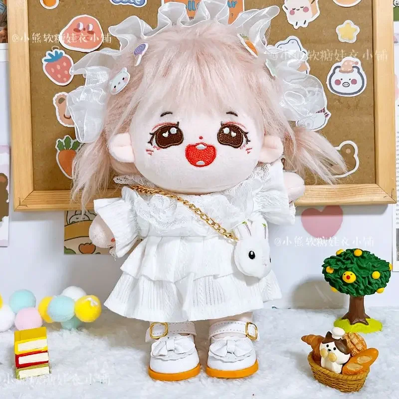 White pleated dress with lace headband 20cm set, 20cm baby clothes, star cotton doll dressing 2