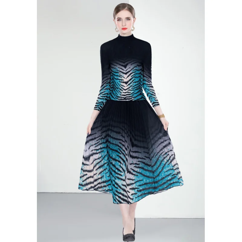 

2023 New Fashion Printed Dress Women's Autumn/Winter Vintage Pleated Long Sleeve Loose Fit Casual Holiday Dress Vestidos