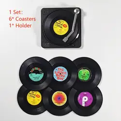 Vintage Vinyl Record Coaster Set with Stylish Holder - Set of 6 Retro Drink Mats (6pcs with holder)