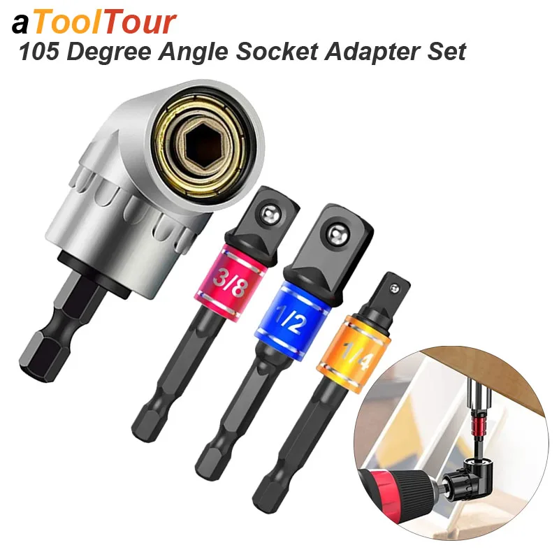 x rechtwinkliger Bohrer und 3 x Steckschlüssel-Adapter, 1/2 Zoll, 3/8 Zoll, 1/4 Zoll