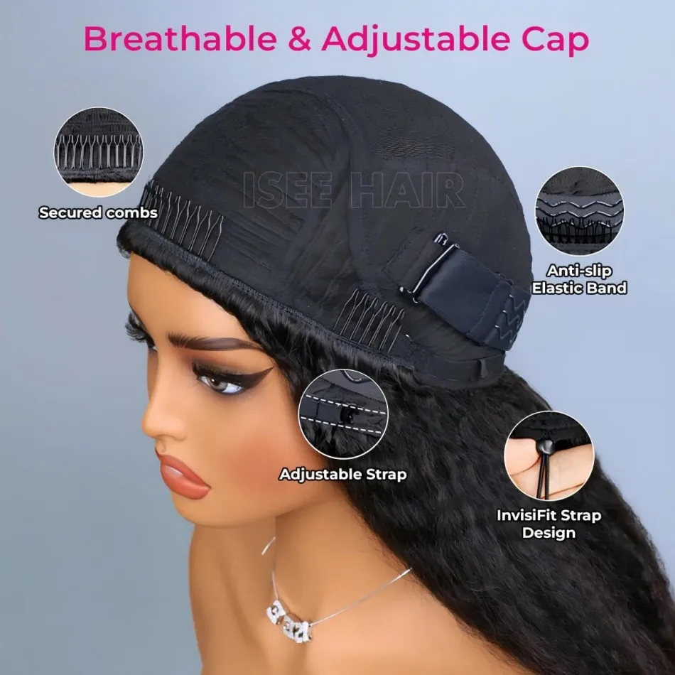 3 IN 1 Kinky Straight Half Wigs Ready to Wear Kinky Straight Half Wigs Human Hair Flip Over Wig Drawstring Glueless 250 Density 6